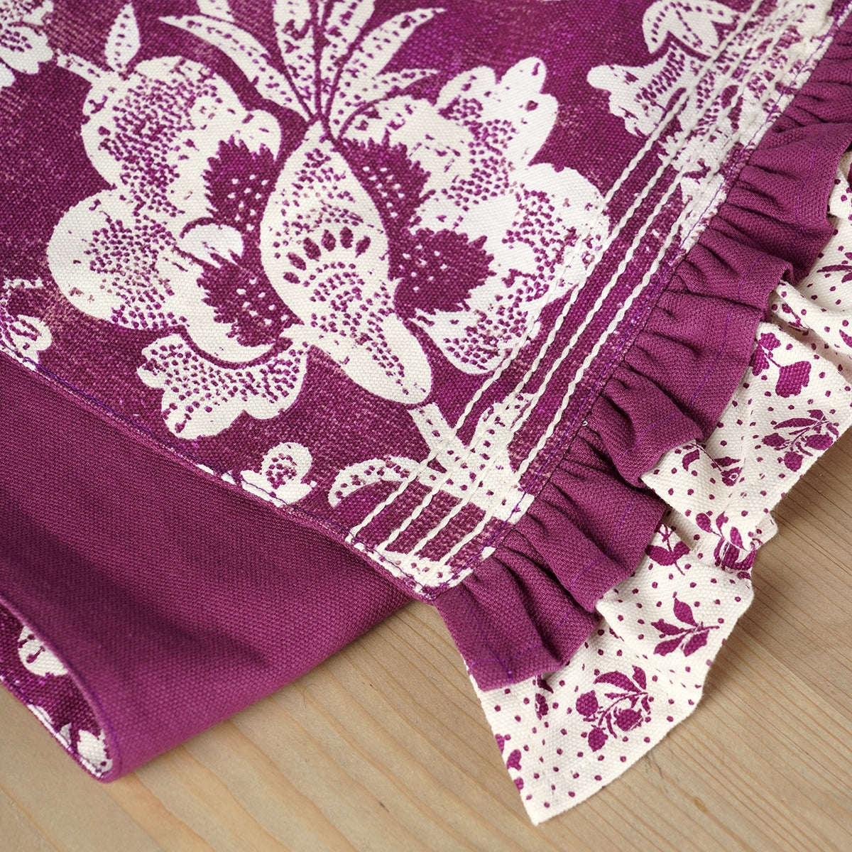 Maroon / Plum cotton table runner, bold floral block print with frill border, table decor, sizes available