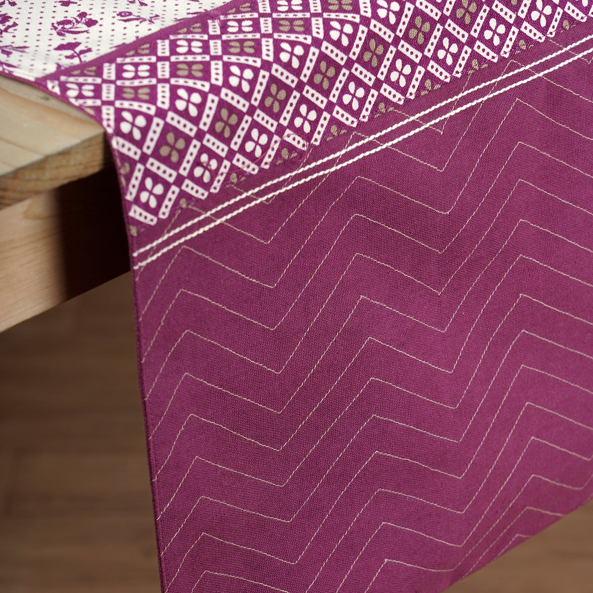 Maroon cotton table runner, geometrical and floral print with patchwork, table decor, sizes available