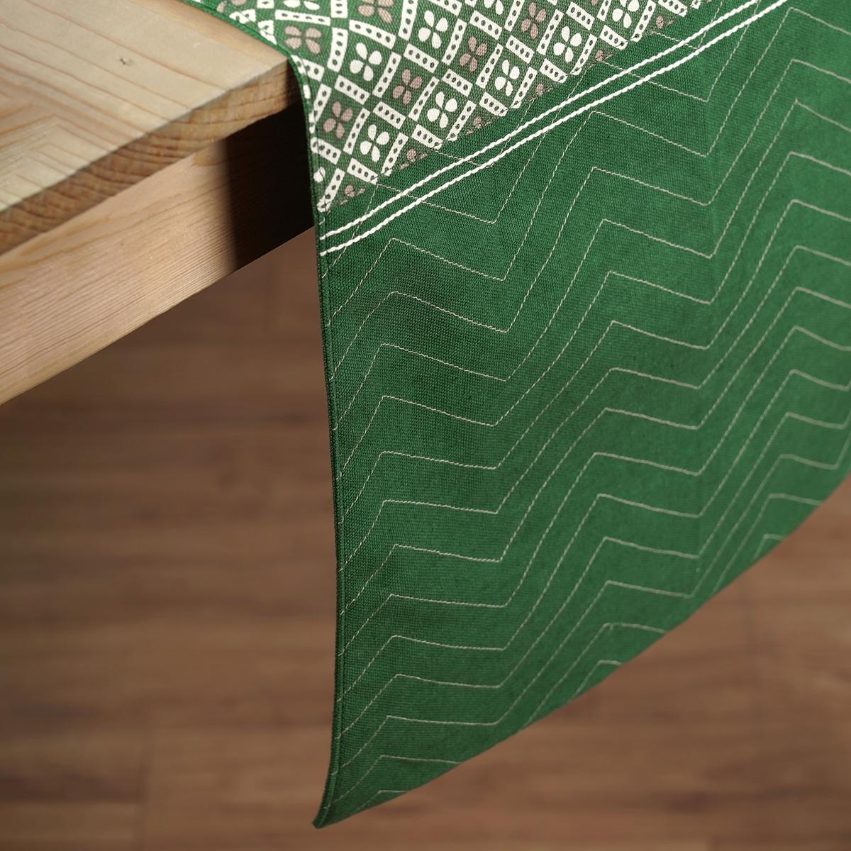 Green cotton table runner, geometrical and floral print with patchwork, table decor, sizes available