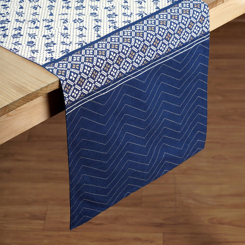Blue cotton table runner, geometrical and floral print with patchwork, table decor, sizes available