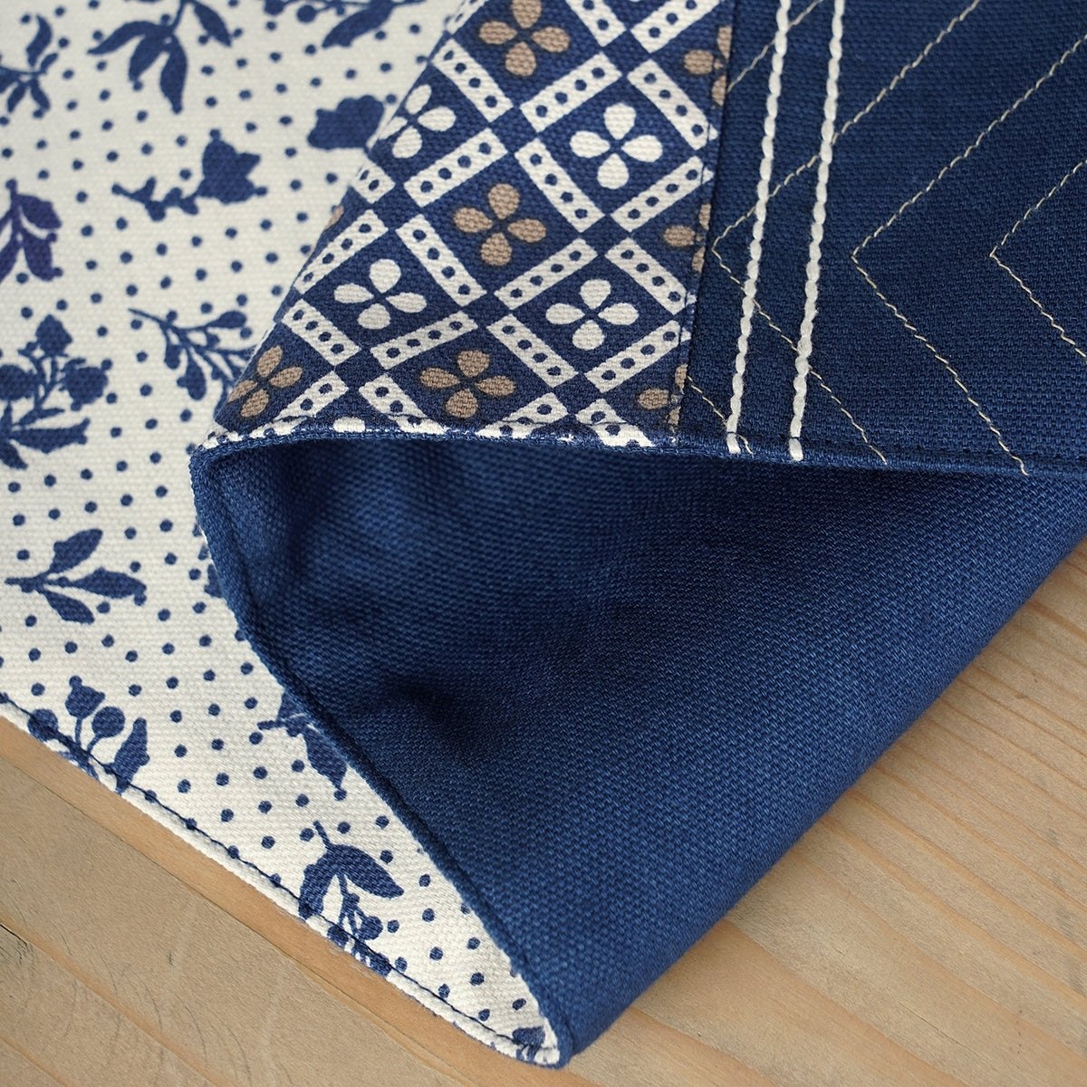 Blue cotton table runner, geometrical and floral print with patchwork, table decor, sizes available