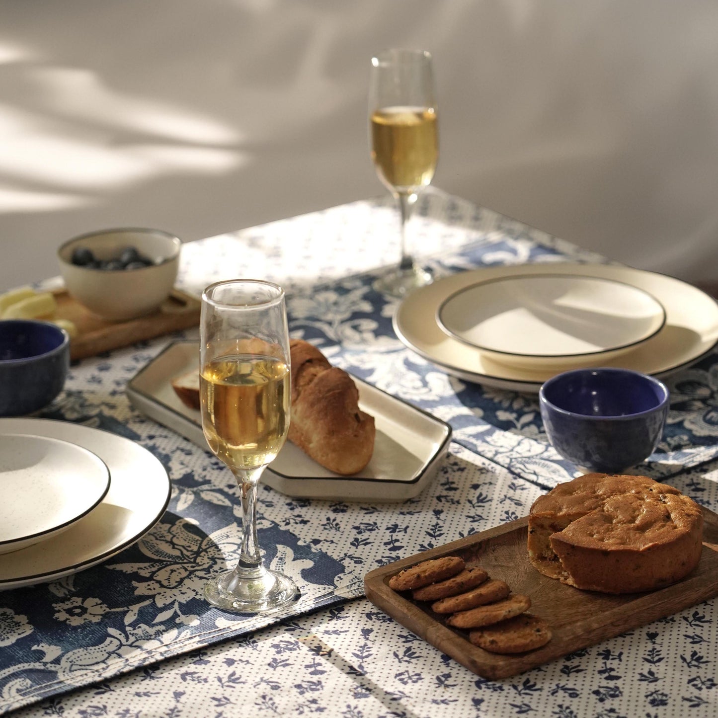 Indigo Dominoterie Small Floral Print Cotton Tablecloth with Geometric Border | Round, 4-Seater & 6-Seater
