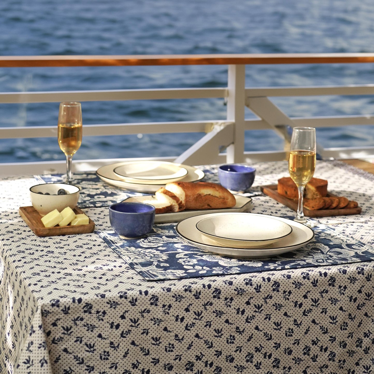 Indigo Dominoterie Small Floral Print Cotton Tablecloth with Geometric Border | Round, 4-Seater & 6-Seater