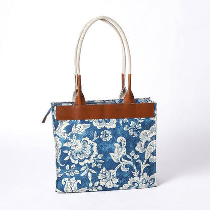 Indigo Dominoterie print cotton and leather tote bag, large tote, shoulder bag
