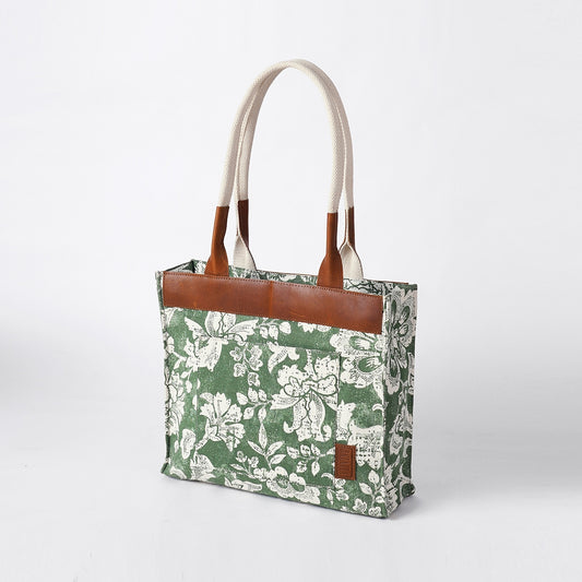 Green Dominoterie print cotton and leather tote bag, large tote, shoulder bag