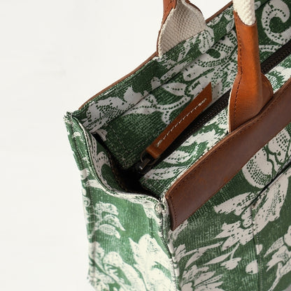Green Dominoterie print cotton and leather tote bag, large tote, shoulder bag