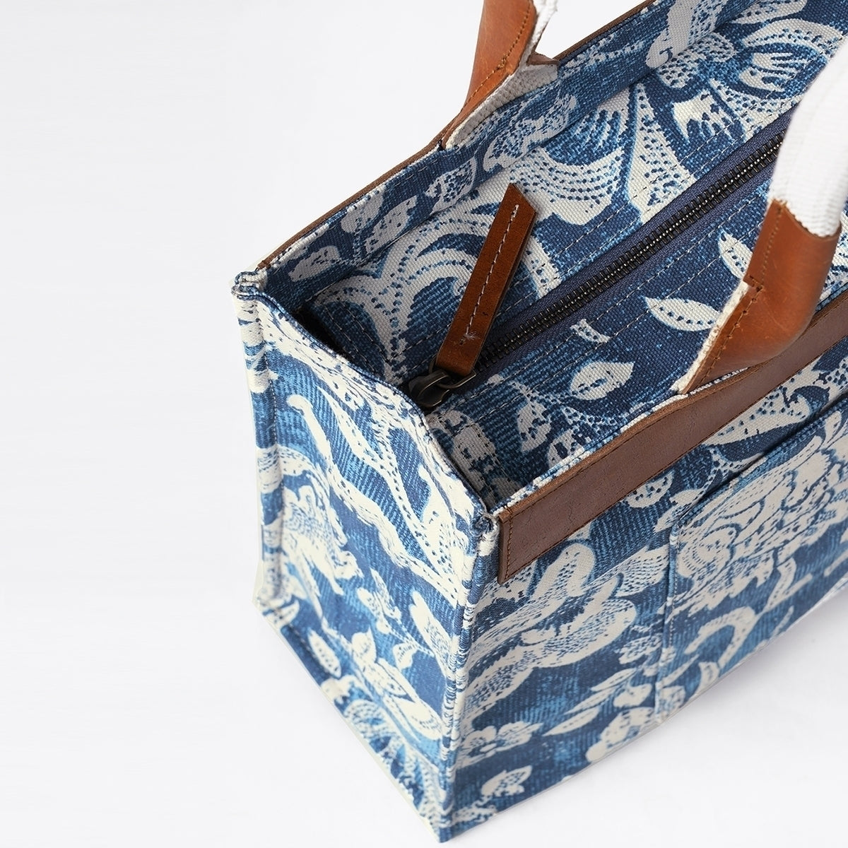 Indigo Dominoterie print cotton and leather tote bag, large tote, shoulder bag