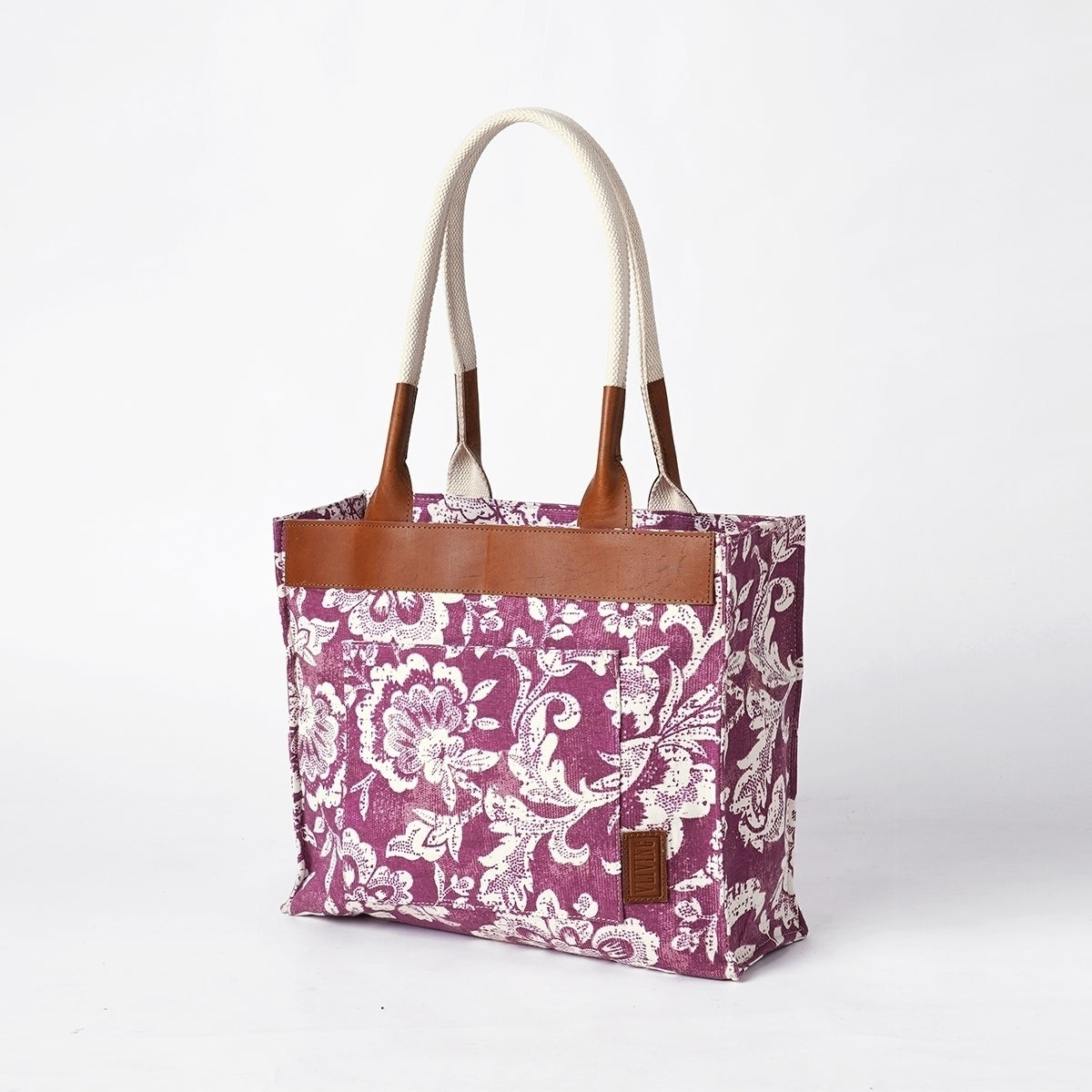Plum Dominoterie print cotton duck and leather tote bag, large tote, shoulder bag.