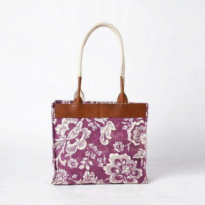 Plum Dominoterie print cotton duck and leather tote bag, large tote, shoulder bag.