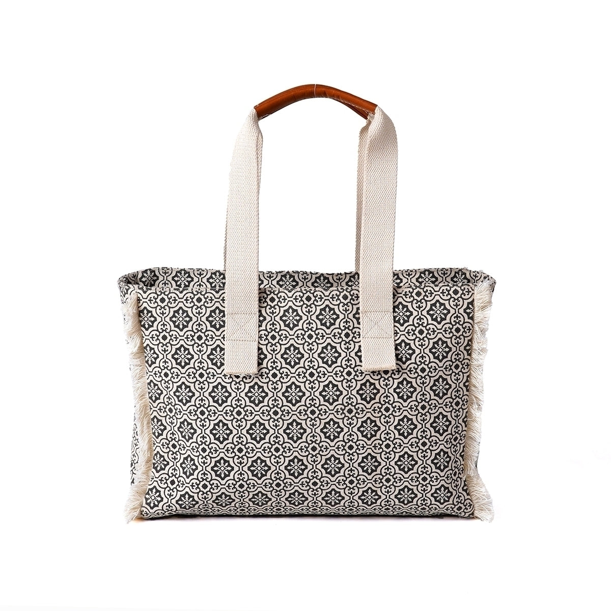 Black and white print canvas and leather tote bag, large tote, shoulder bag