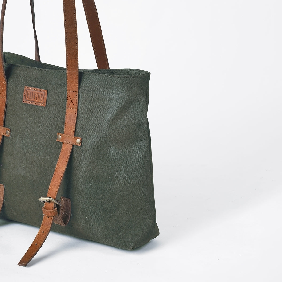 Olive Green waxed canvas yoga bag, gym bag, leather adjustable straps, 16X13X4 inches