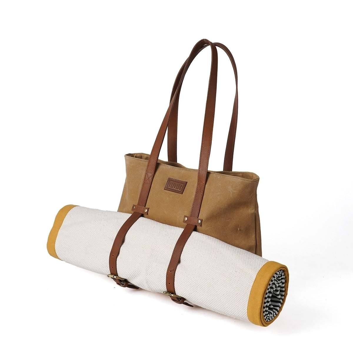Sand Brown waxed canvas yoga bag, gym bag, leather adjustable straps, 16X13X4 inches