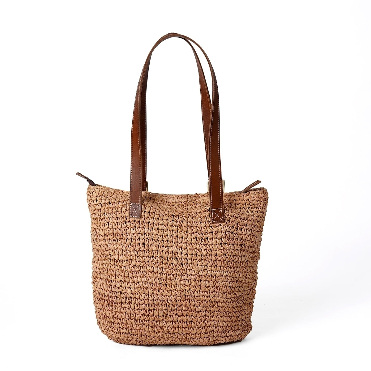 Natural colour Rafia Tote bag with real tan leather handle