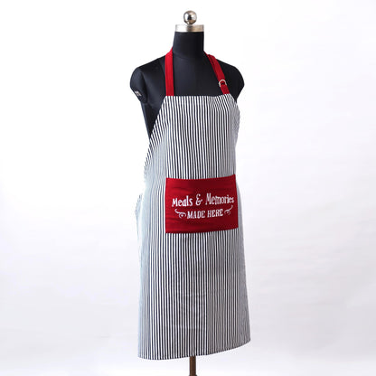 Christmas apron, Black and white stripe with embroidery, kitchen accessory, size 27"X 35"