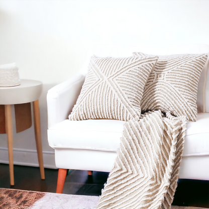 Zulu Off White & Beige Tufted Throw Pillow Cover | 18×18 Inches | Slub Cotton