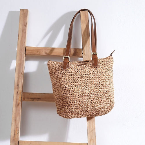 Natural colour Rafia Tote bag with real tan leather handle