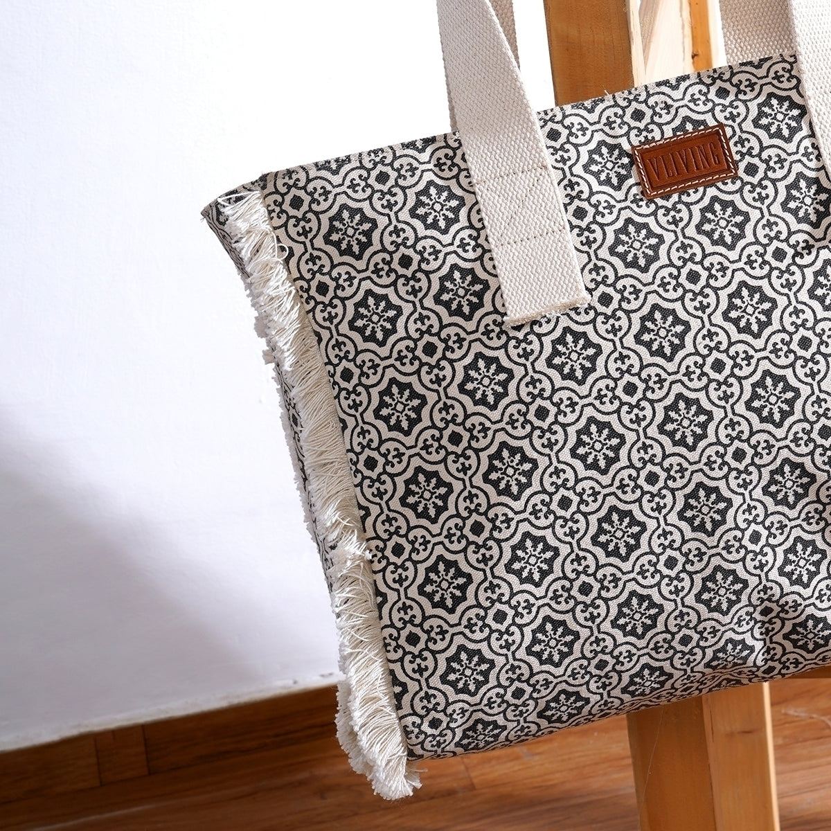Black and white print canvas and leather tote bag, large tote, shoulder bag