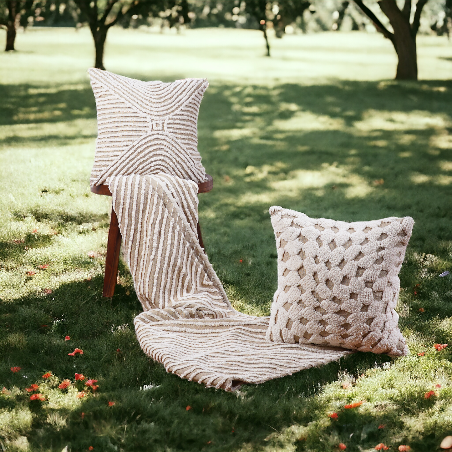 Zulu Checkered Off White & Beige Tufted Throw Pillow Cover | 18×18 Inches | Slub Cotton