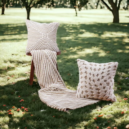 Zulu Checkered Off White & Beige Tufted Throw Pillow Cover | 18×18 Inches | Slub Cotton