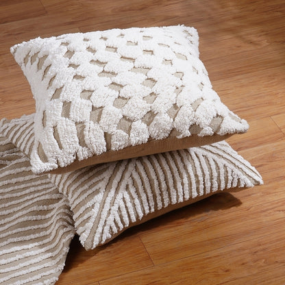 Checkered Tufted off white & Beige Throw Pillow Cover, 18X18 inches - Zulu Collection