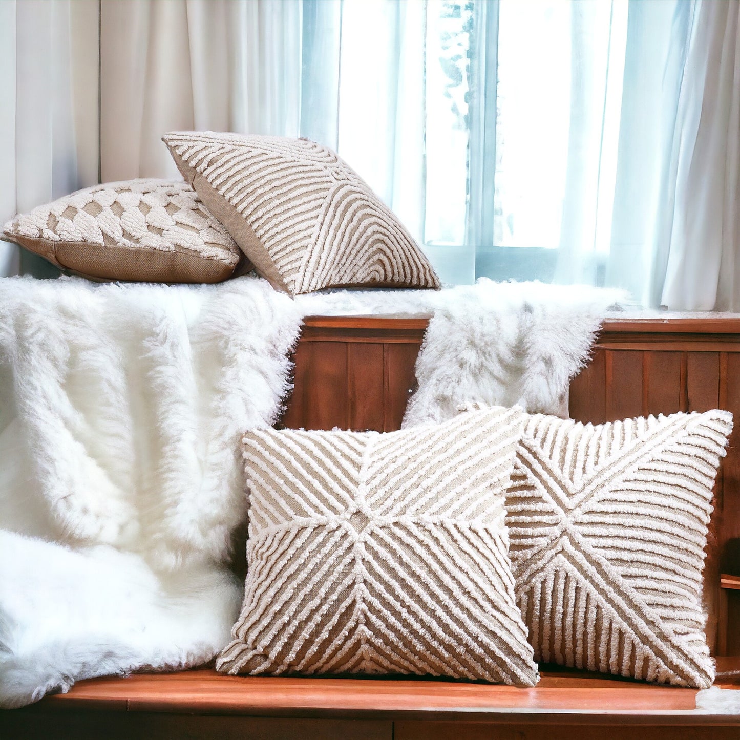 Zulu Off White & Beige Tufted Throw Pillow Cover | 18×18 Inches | Slub Cotton