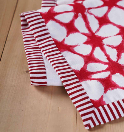 Red table runner, tie dye prism print, red stripe border, sizes available