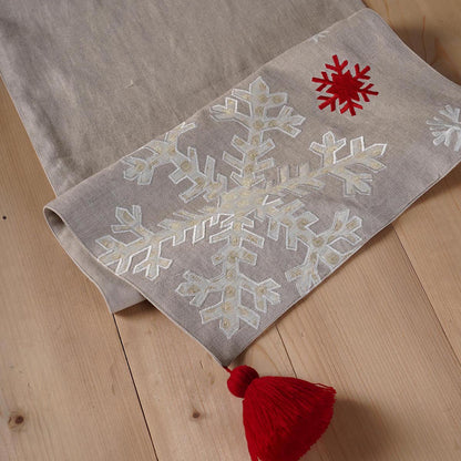 Linen Christmas table runner, snowflake pattern, embroidery and applique, sizes available