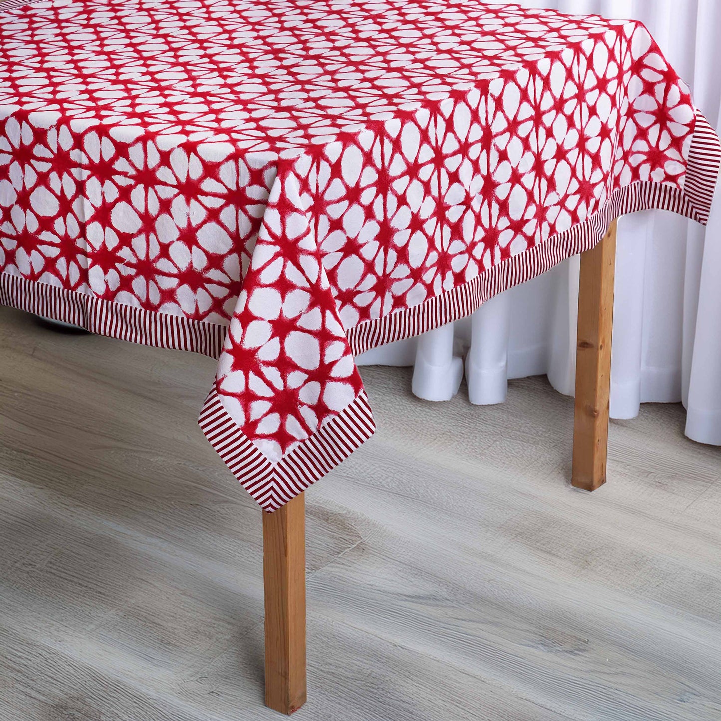 Red & White Tie Dye Prism Print Cotton Tablecloth with Red Border | 4 & 6 Seater