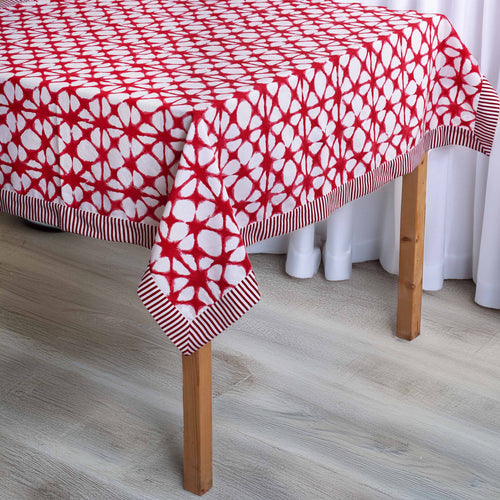 Red & White Tie Dye Prism Print Cotton Tablecloth with Red Border | 4 & 6 Seater