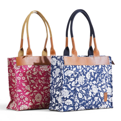 Indigo Kalamkari Print Cotton & Leather Large Tote Bag | Shoulder Bag | 12×14×4 Inches