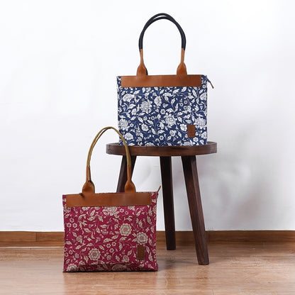 Marsala print cotton and leather tote bag, large tote, shoulder bag