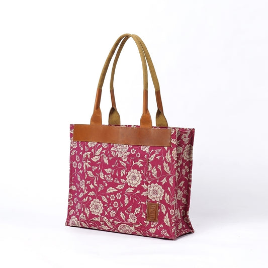 Marsala print cotton and leather tote bag, large tote, shoulder bag