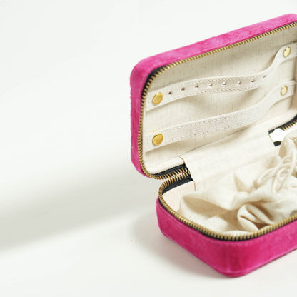 Hot Pink Velvet Embroidered Jewellery Box | Rectangular Travel Organiser - Vliving