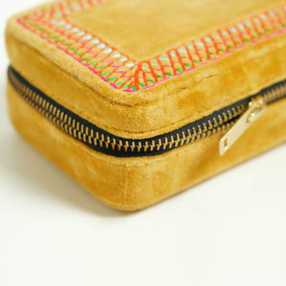 Mustard Velvet Rectangular Embroidered Jewellery box