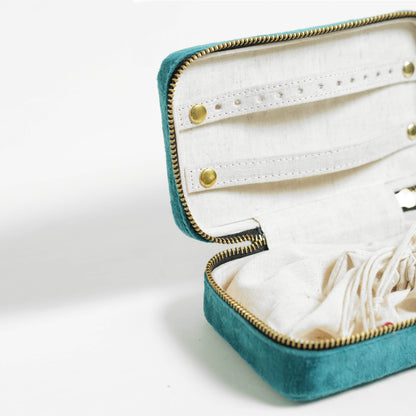 Teal Velvet Embroidered Rectangular Jewellery Box | Handcrafted Jewellery Organiser | 3.5 × 6.25 × 2 Inches - Vliving