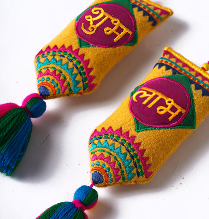 Pair of SHUBH-LABH tassels, Multicolor handmade auspicious charm, size 11" or 28 cms