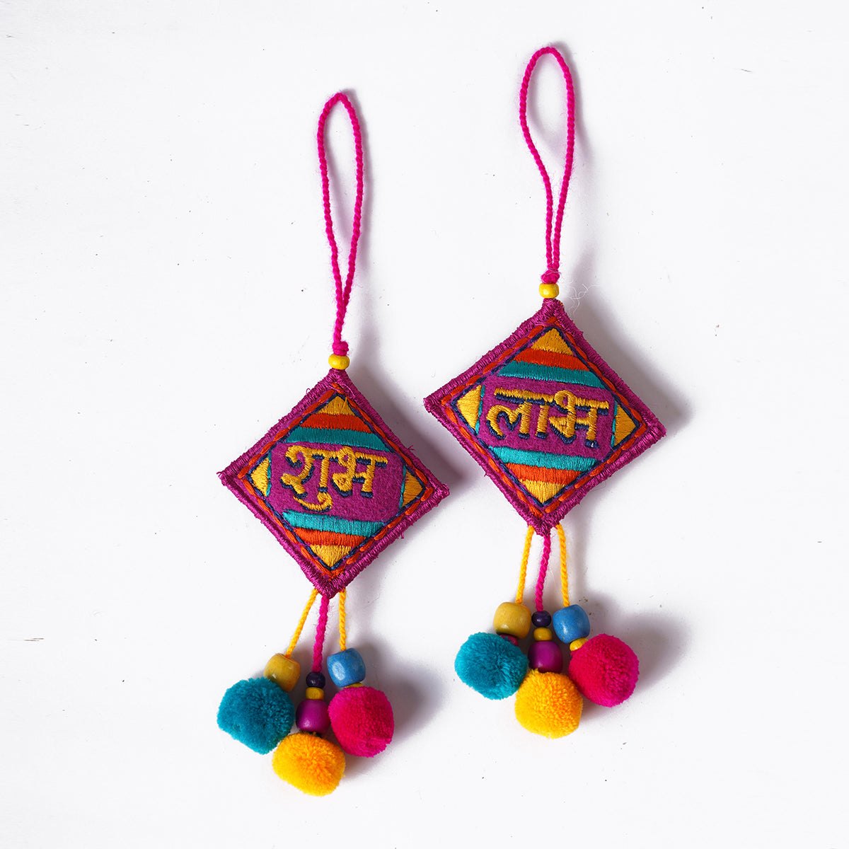 Pair of SHUBH-LABH tassels, Multicolor handmade auspicious charm, size 8" or 20 cms