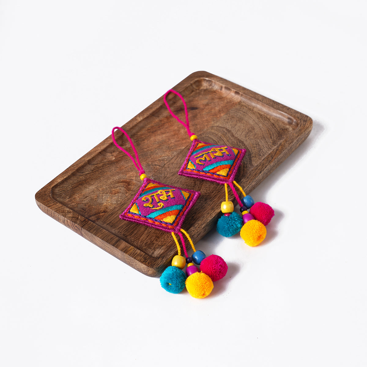 DIWALI GIFT PACK - Natural finish wooden snack tray with pair of SHUBH-LABH tassels