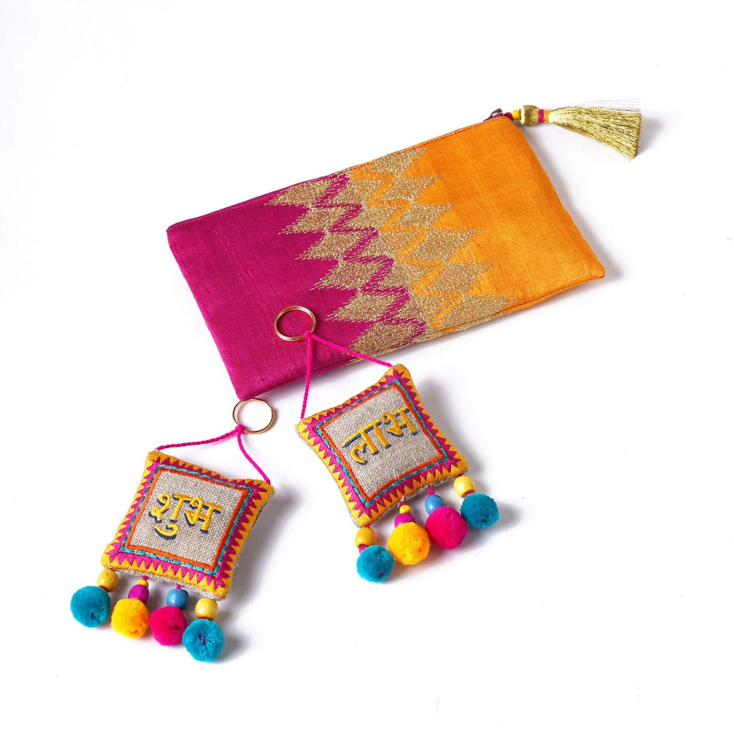 DIWALI GIFT PACK - Embroidered Silk clutch with pair of SHUBH-LABH tassels