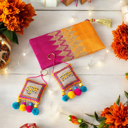 DIWALI GIFT PACK - Embroidered Silk clutch with pair of SHUBH-LABH tassels