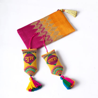 DIWALI GIFT PACK - Embroidered Silk clutch with pair of SHUBH-LABH tassels