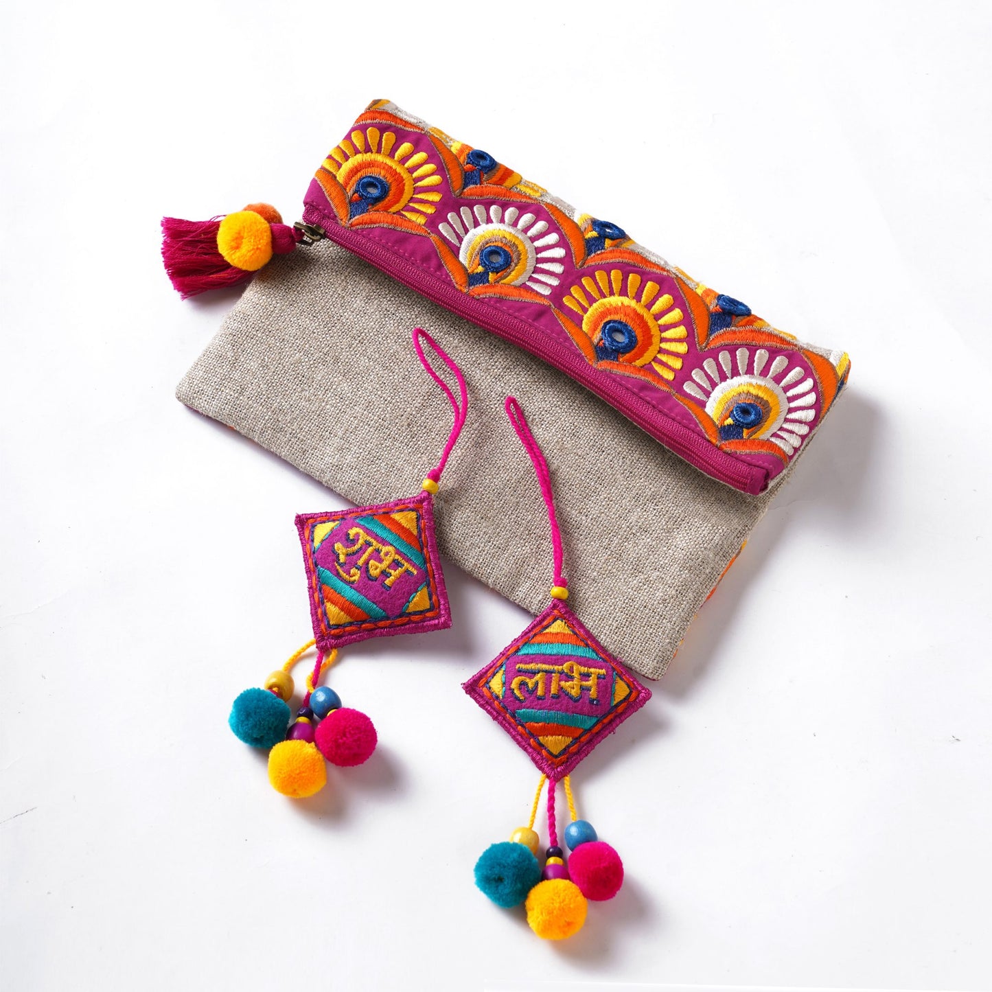 DIWALI GIFT PACK - Embroidered Linen foldover clutch with pair of SHUBH-LABH tassels