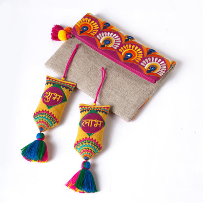 DIWALI GIFT PACK - Embroidered Linen foldover clutch with pair of SHUBH-LABH tassels