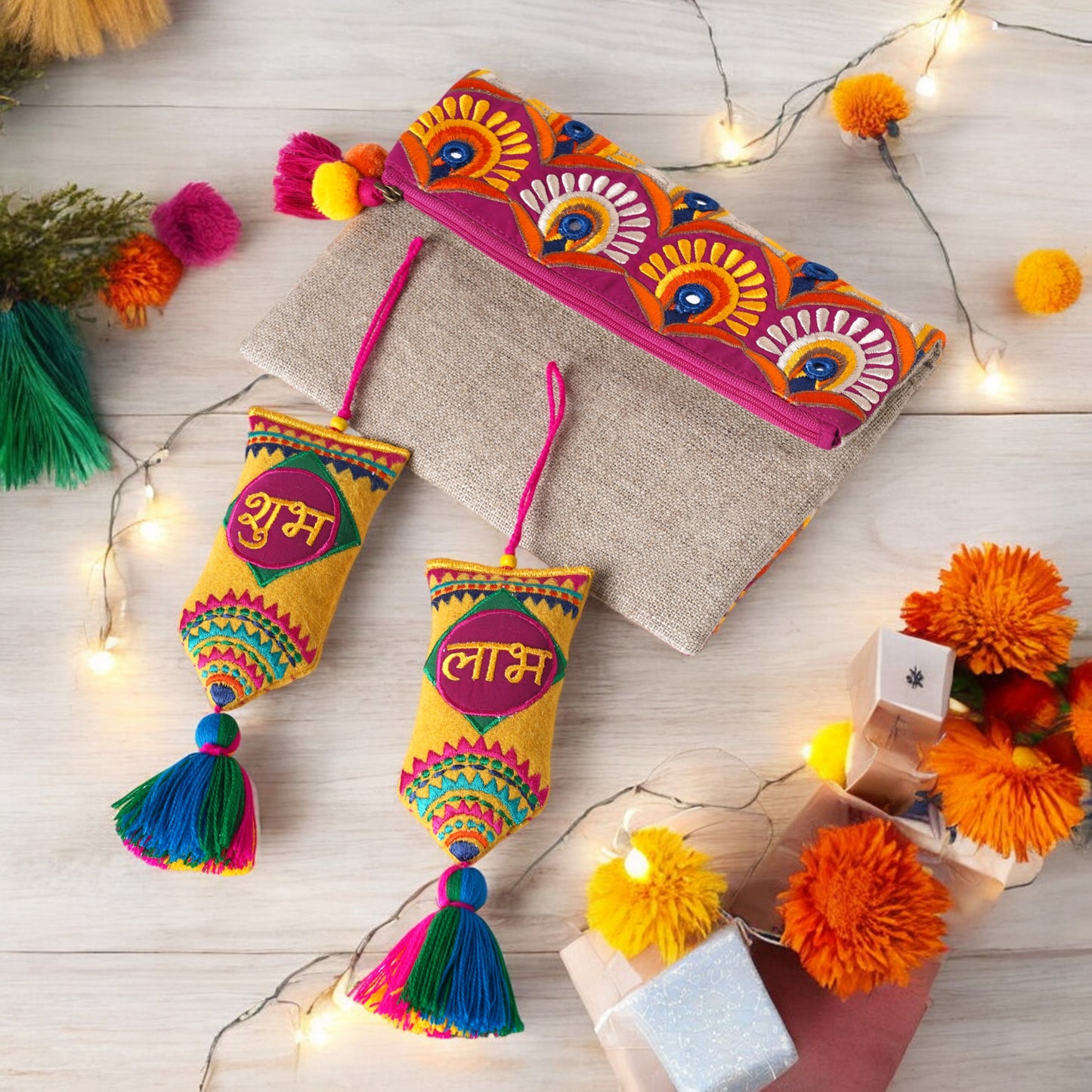 DIWALI GIFT PACK - Embroidered Linen foldover clutch with pair of SHUBH-LABH tassels