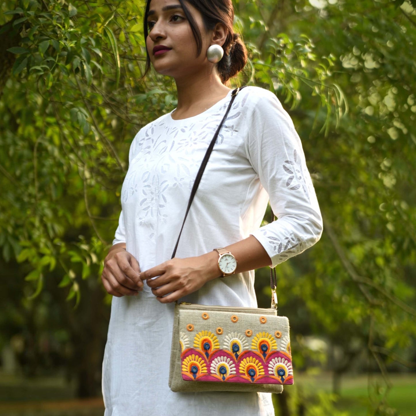 Boho Sling Bag | Linen Fabric with Kutch Hand Embroidery | Adjustable Leather Strap