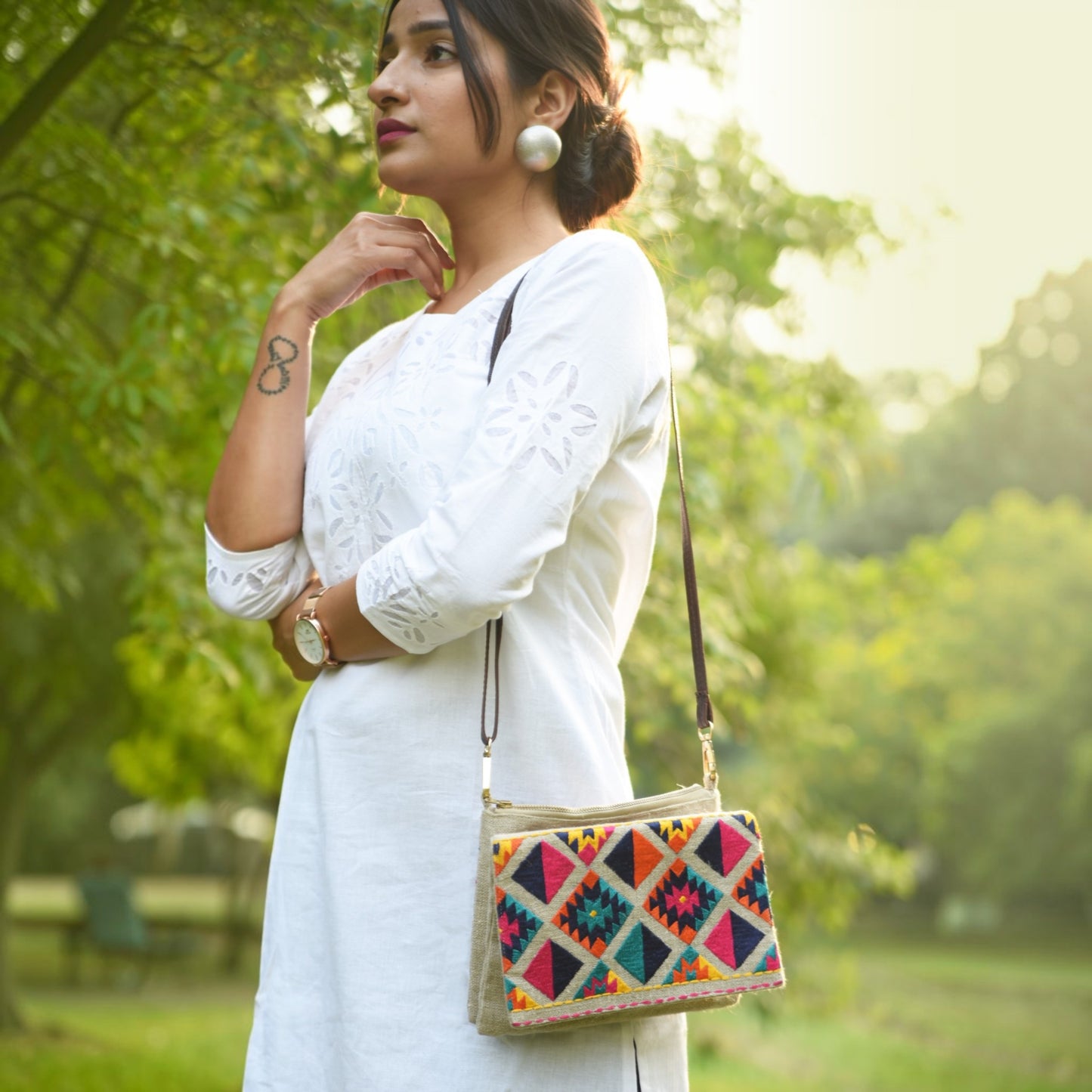 Boho Sling Bag | Linen Fabric with Kilim Hand Embroidery | Adjustable Leather Strap