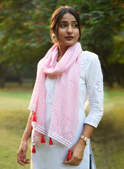 Red and white check print Spring Summer Scarf, Gifts For Her, boho scarf