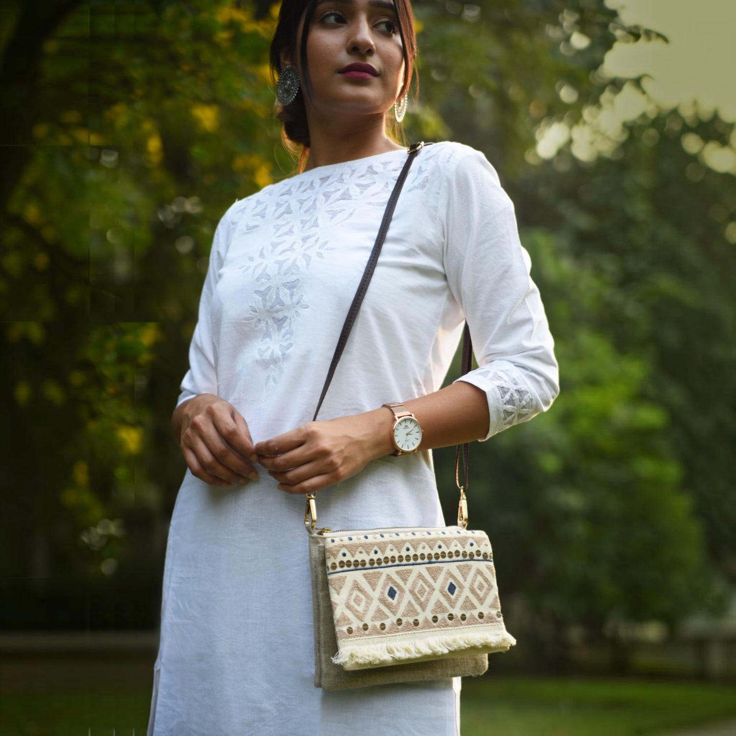 Boho Sling Bag | Linen & Off-White Cotton with Handira Embroidery & Fringe | Leather Strap