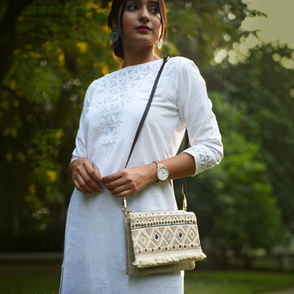 Boho Sling Bag | Linen & Off-White Cotton with Handira Embroidery & Fringe | Leather Strap
