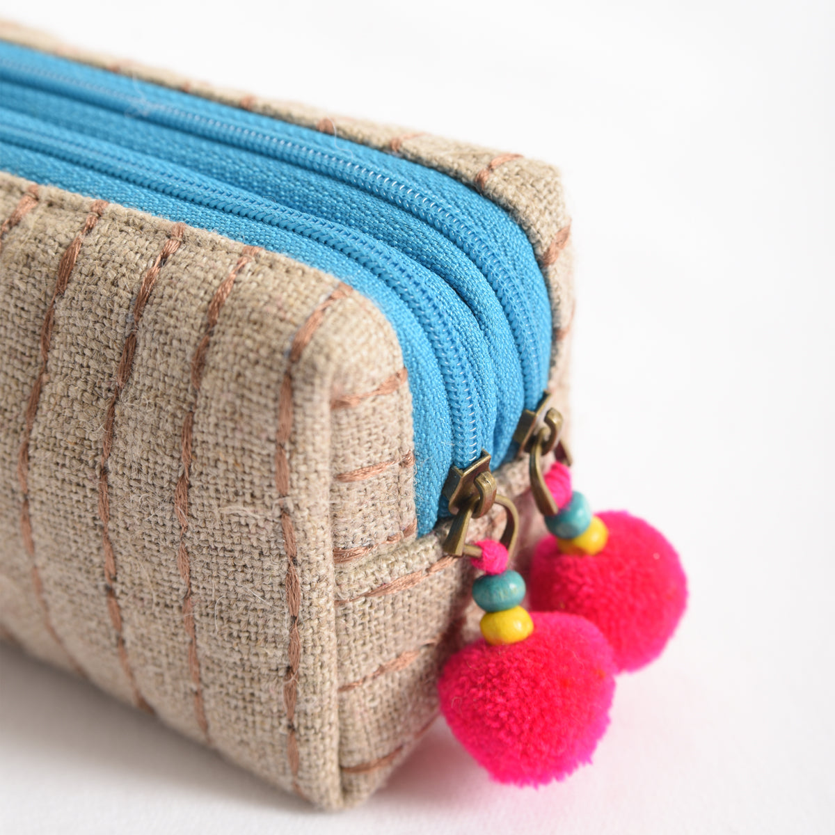 Small rustic natural linen pouch with double pocket